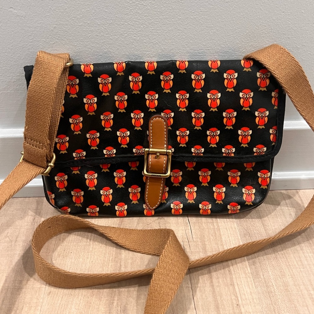 Fossil Black Crossbody Bag with Orange Owl Print and Tan Strap